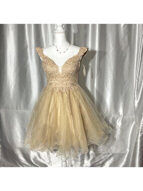 May Queen Gold Lace Cocktail Dress With Tulle Skirt & Embellished Bodice size 8
